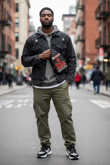 A man stands on a city street wearing a black denim jacket over a gray hoodie, olive green cargo pants, and black and white sneakers, holding a small red and black bag.