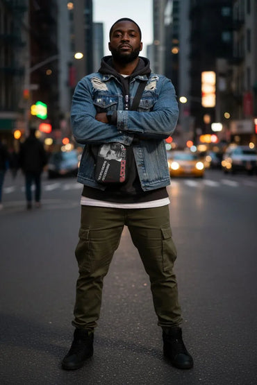 A man stands on a city street at dusk wearing a light blue distressed denim jacket over a black hoodie, olive green cargo pants, and black boots, with a small crossbody bag slung across his chest.