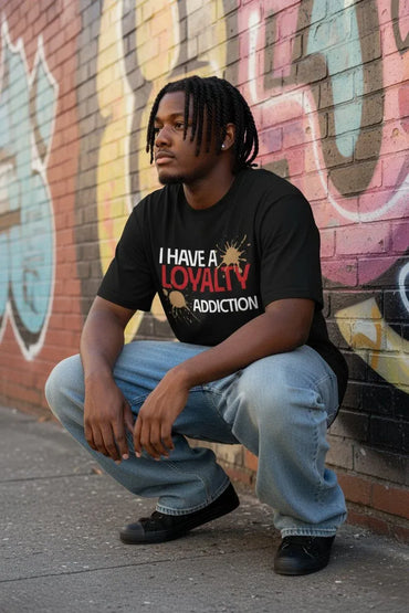 A man crouching against a graffiti-covered brick wall wearing a black graphic t-shirt with the text 'I HAVE A LOYALTY ADDICTION' in white and red, paired with light blue jeans and black shoes.