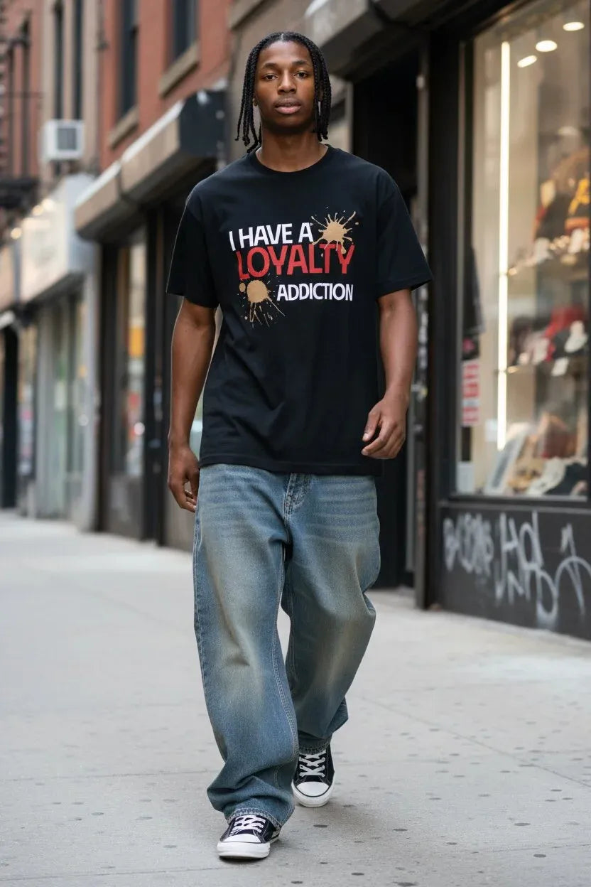 A man walking down a city street wearing a black graphic t-shirt with the text 'I HAVE A LOYALTY ADDICTION' in white and orange-red lettering, paired with baggy light-wash blue jeans and black sneakers.