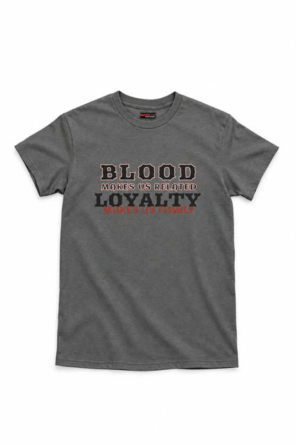 A dark gray crewneck t-shirt with a graphic print on the chest reading 'BLOOD MONEYS ARE REFUEL LOYALTY MONEYS IN FAMILY' in distressed black and orange lettering, displayed against a plain white background.