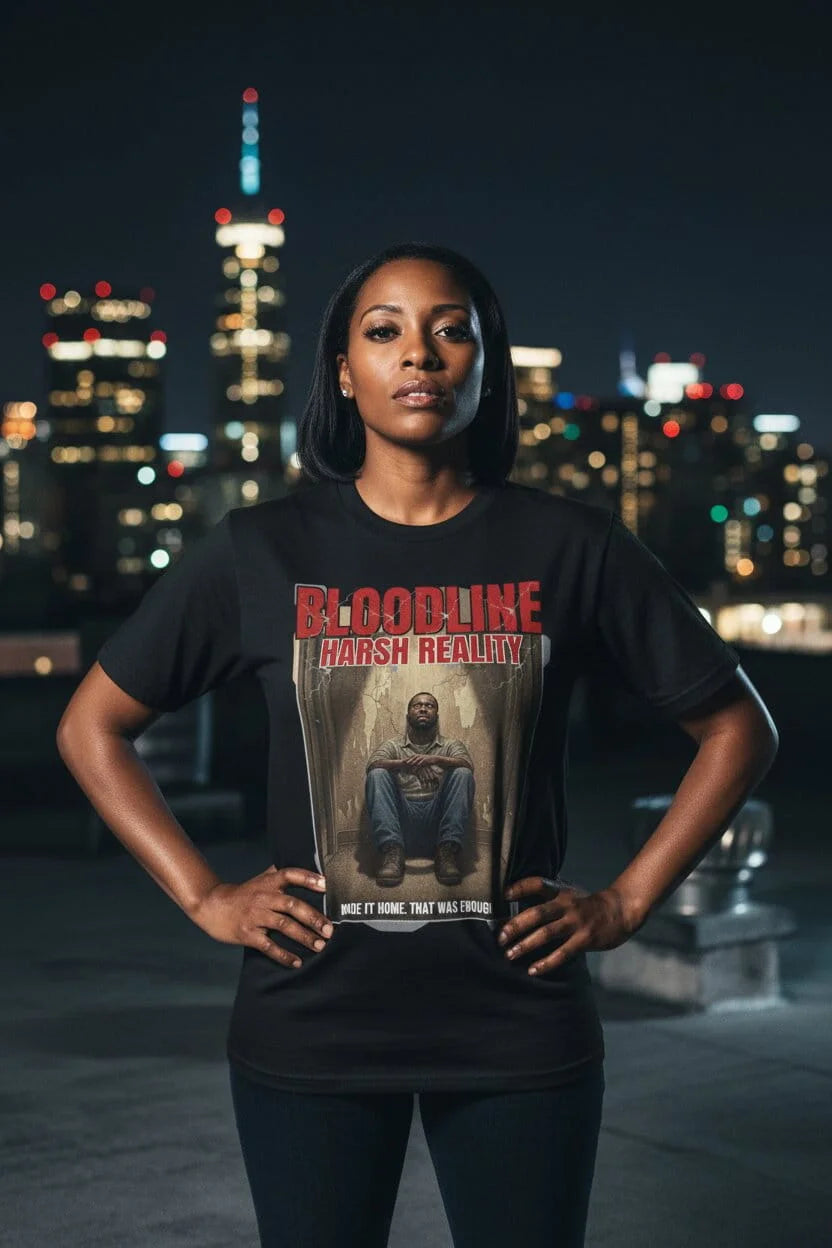 Made It Home. That Was Enough. Black Graphic Tee – Women's Lifestyle Shot – Harsh Reality Collection by Bloodline Streetwear
