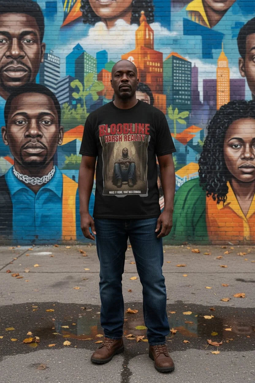 Made It Home. That Was Enough. Black Graphic Tee – Men's Lifestyle Shot – Harsh Reality Collection by Bloodline Streetwear
