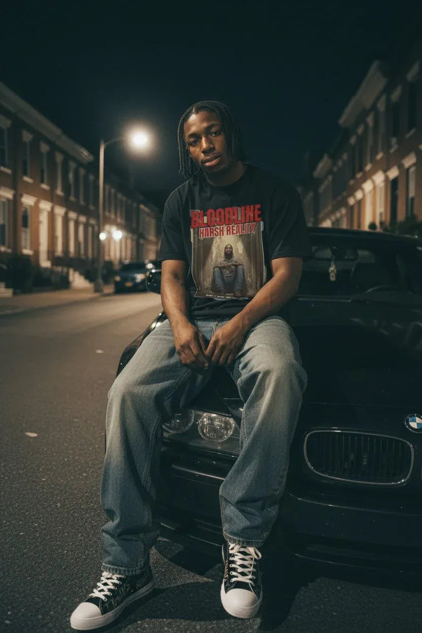 A man sitting on the front bumper of a black car at night on a city street, wearing a black graphic t-shirt with red and white text, light blue jeans, and black canvas sneakers.