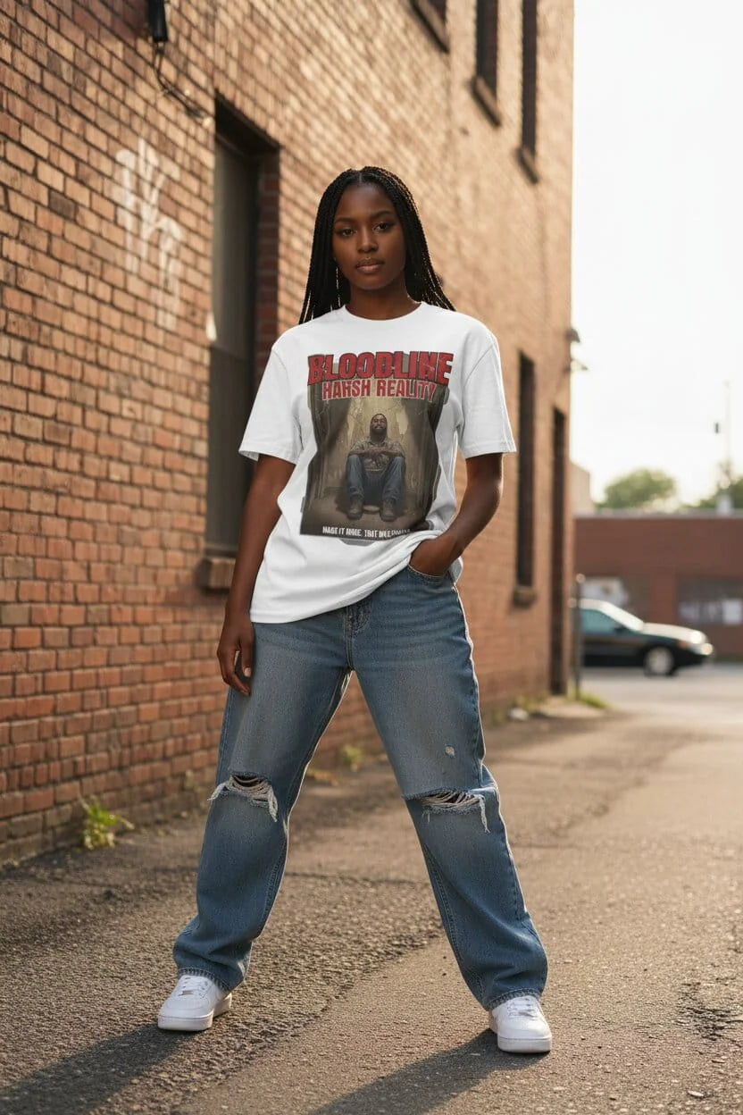 Made It Home. That Was Enough. White Graphic Tee – Women's Lifestyle Shot – Harsh Reality Collection by Bloodline Streetwear
