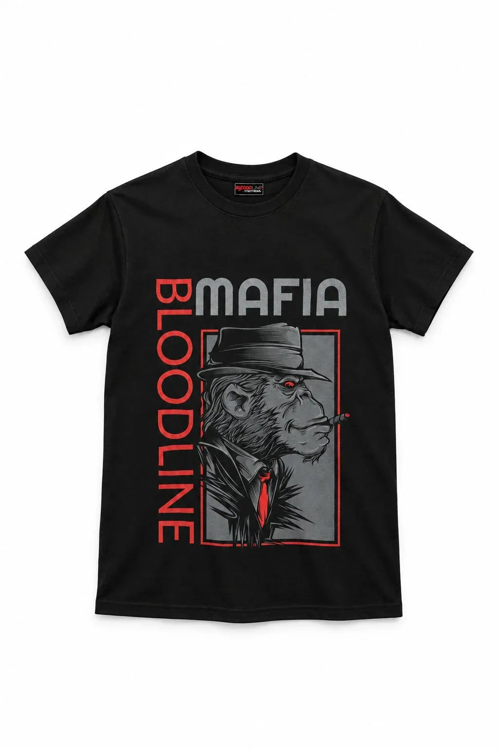 A black short-sleeve t-shirt with a graphic print featuring a stylized gorilla in a fedora and red tie, with the text 'BLOODLINE' in red and 'MAFIA' in gray.