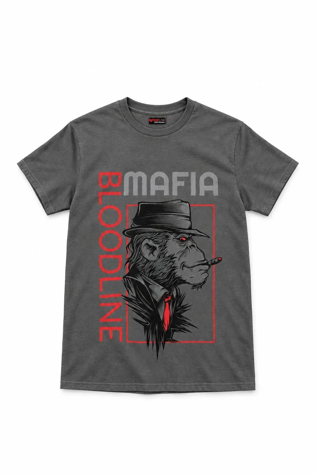 A dark gray graphic t-shirt featuring a stylized illustration of a man with a cigar and hat, with the text 'BLOODLINE MAFIA' printed on the front.