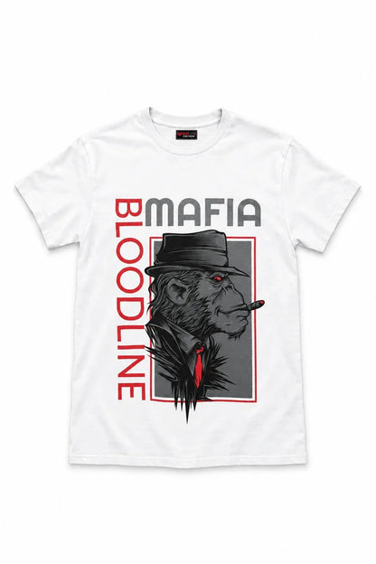 A white short-sleeve crewneck t-shirt featuring a graphic print of a gorilla in a black fedora and red tie, with the text 'BLOODLINE MAFIA' in red and gray.