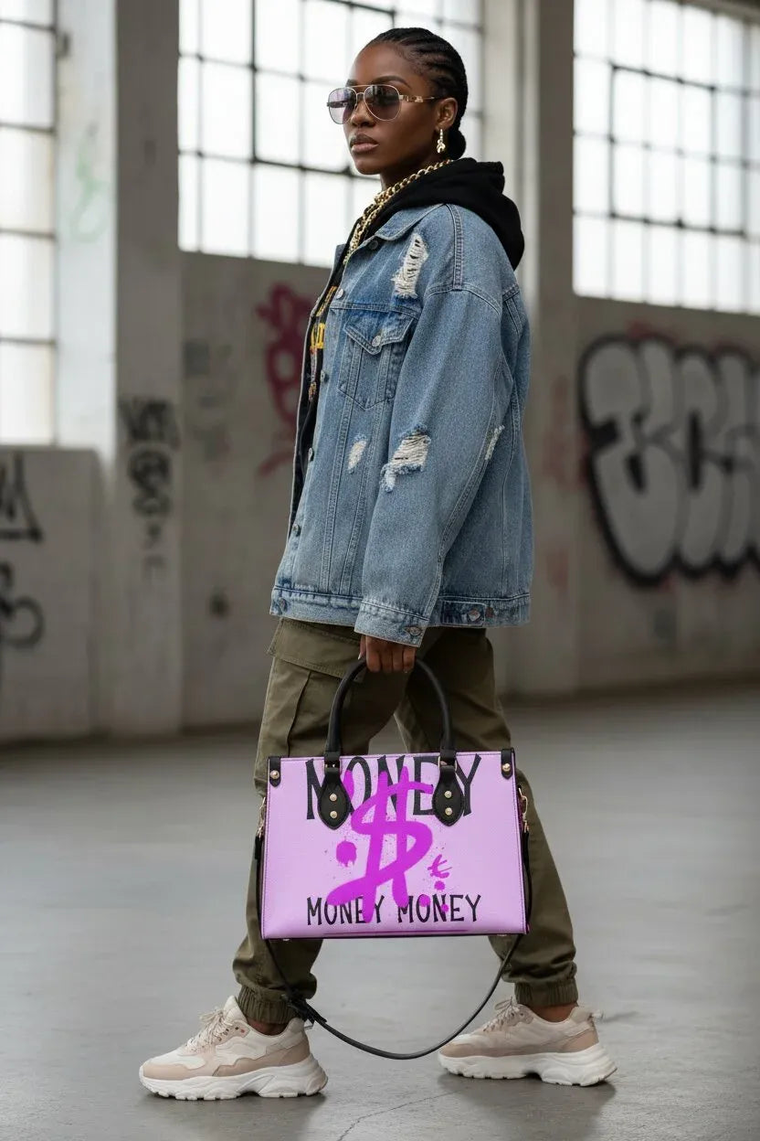 A model wearing a distressed light blue denim jacket, olive green pants, and beige sneakers carries a bright pink tote bag with black and purple 'MONEY MONEY' text and cassette tape graphics in an industrial loft setting with graffiti.