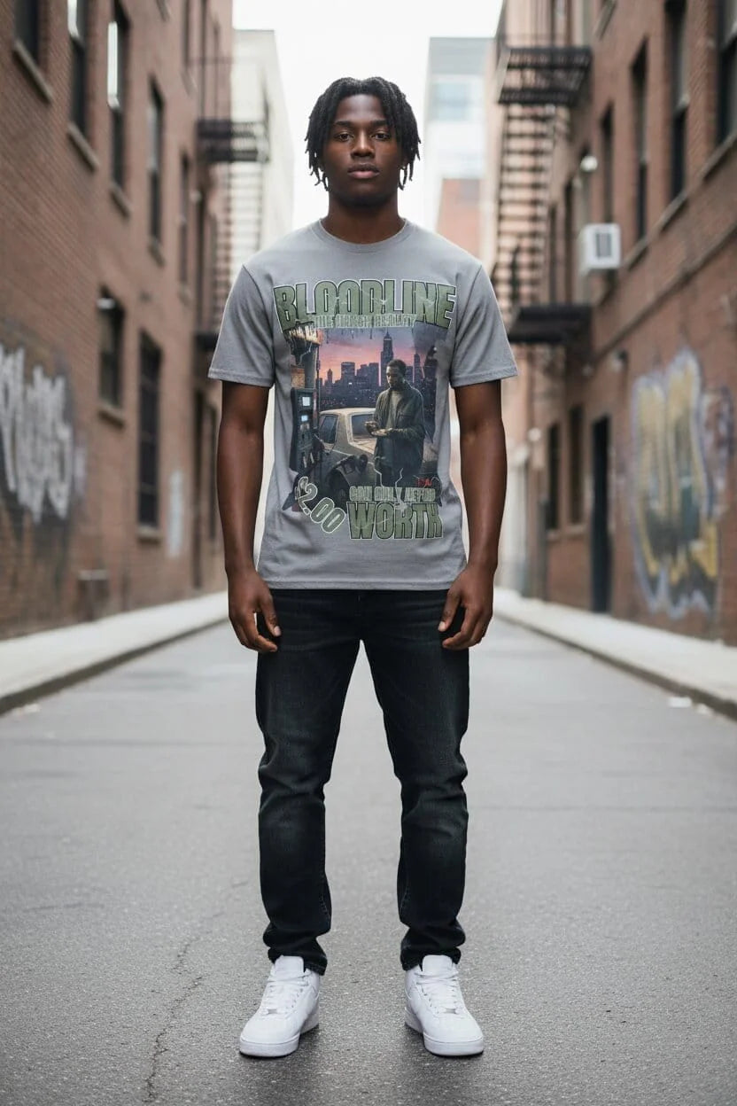 Person wearing a graphic t-shirt in an urban alleyway
