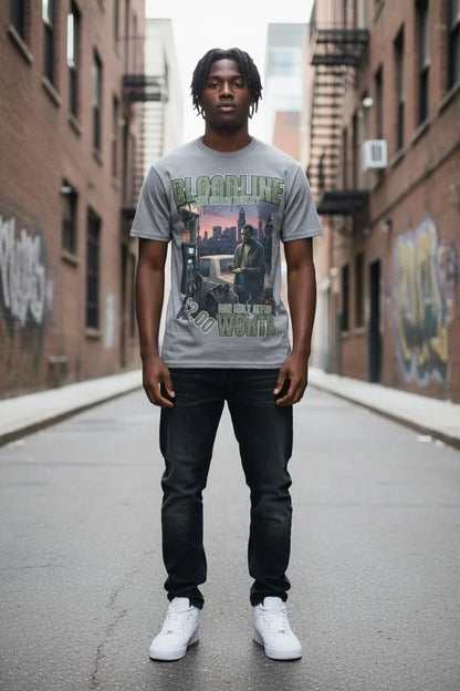Person wearing a graphic t-shirt in an urban alleyway