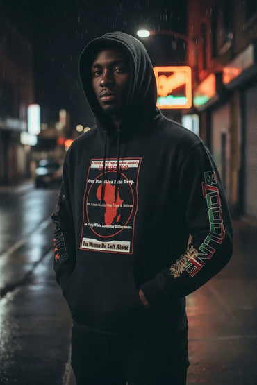 A man wearing a black graphic hoodie with red, white, and green designs stands on a wet city street at night with blurred lights in the background.