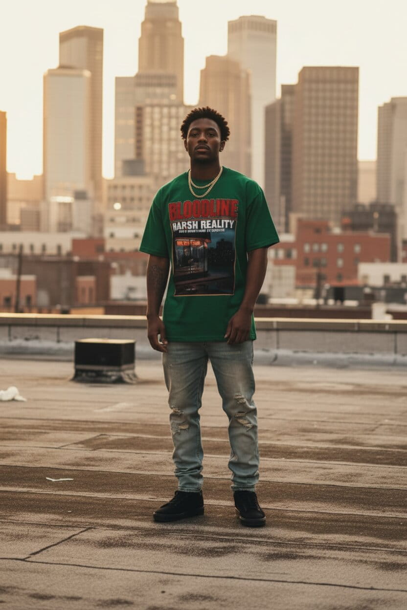 Person wearing a green t-shirt with text and graphics, standing on a rooftop with city skyline in the background.