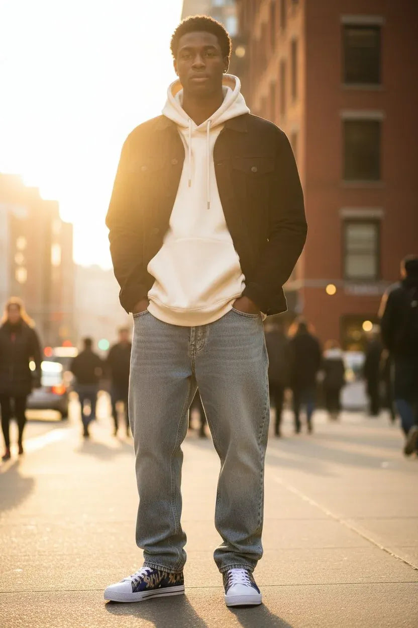 A man standing on a city street at sunset wearing a black jacket over a white hoodie, light blue jeans, and white sneakers.