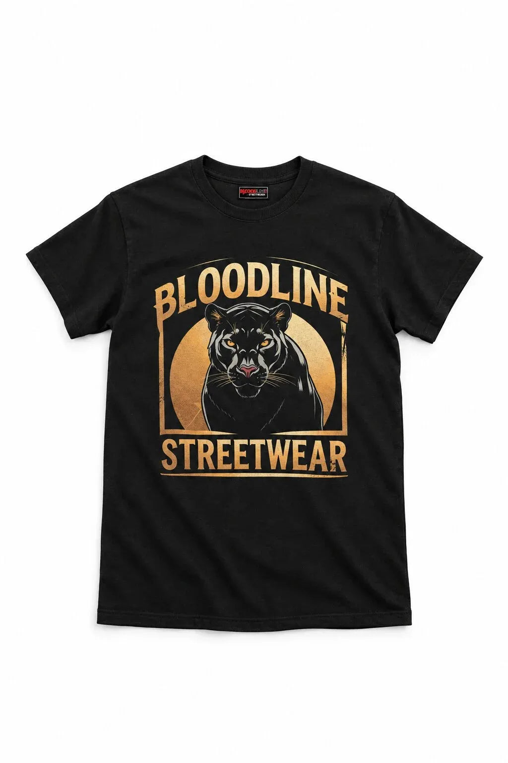 A black short-sleeve crewneck t-shirt featuring a large graphic print on the front with a black panther illustration and the text 'BLOODLINE STREETWEAR' in gold and orange.