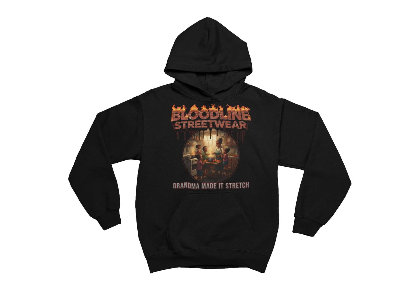 Black hoodie with graphic design on a white background