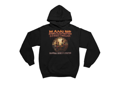 Black hoodie with graphic design on a white background