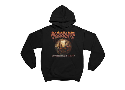 Black hoodie with graphic design on a white background