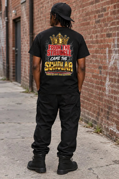 Black Educated King T-shirt back graphic with crown and the words From the Struggle Came the Scholar. the back of mans shirt