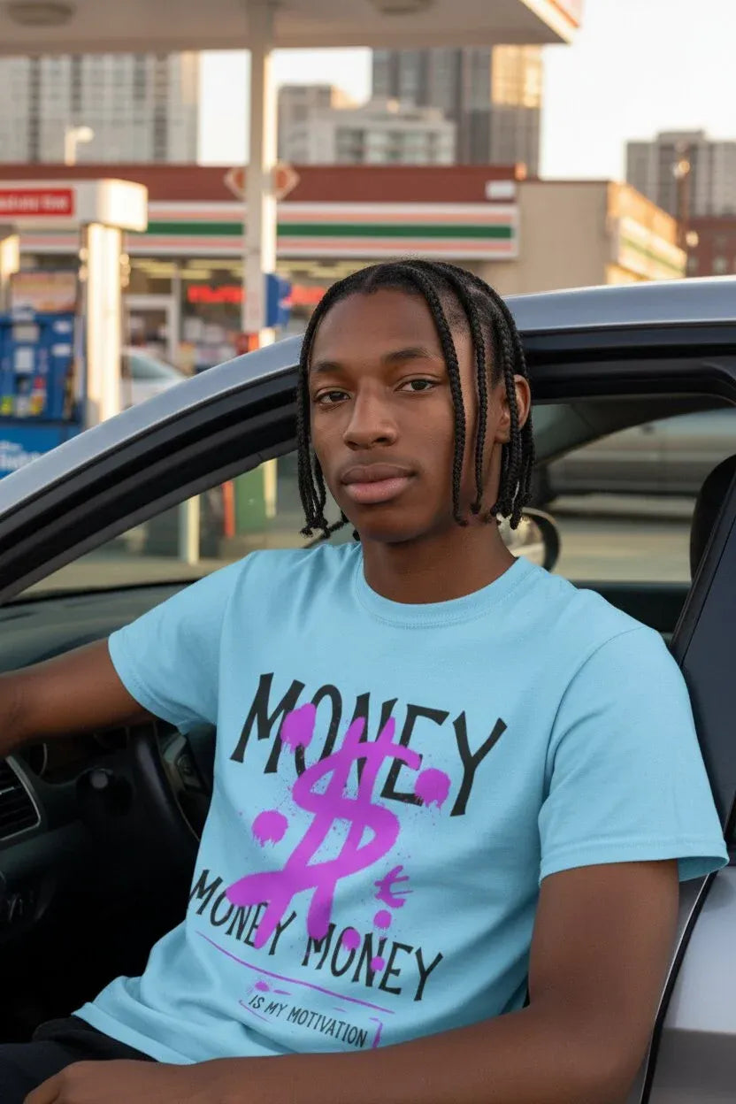 A young man with braided hair sits in a car, wearing a light blue graphic t-shirt with 'MONEY MONEY' and a pink dollar sign printed on the front.