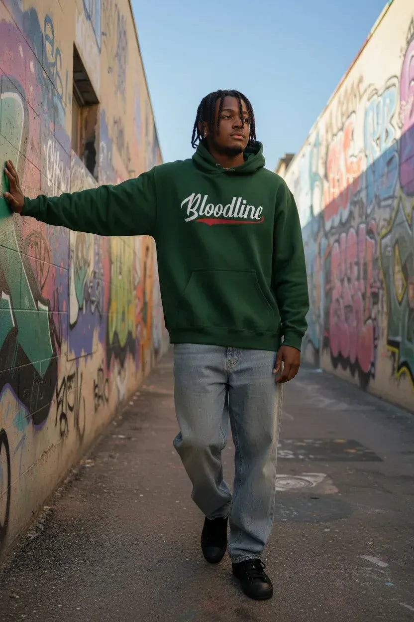 A man wearing a dark green hoodie with 'Bloodline' written in white script across the chest, walking down an outdoor alleyway with graffiti-covered walls.