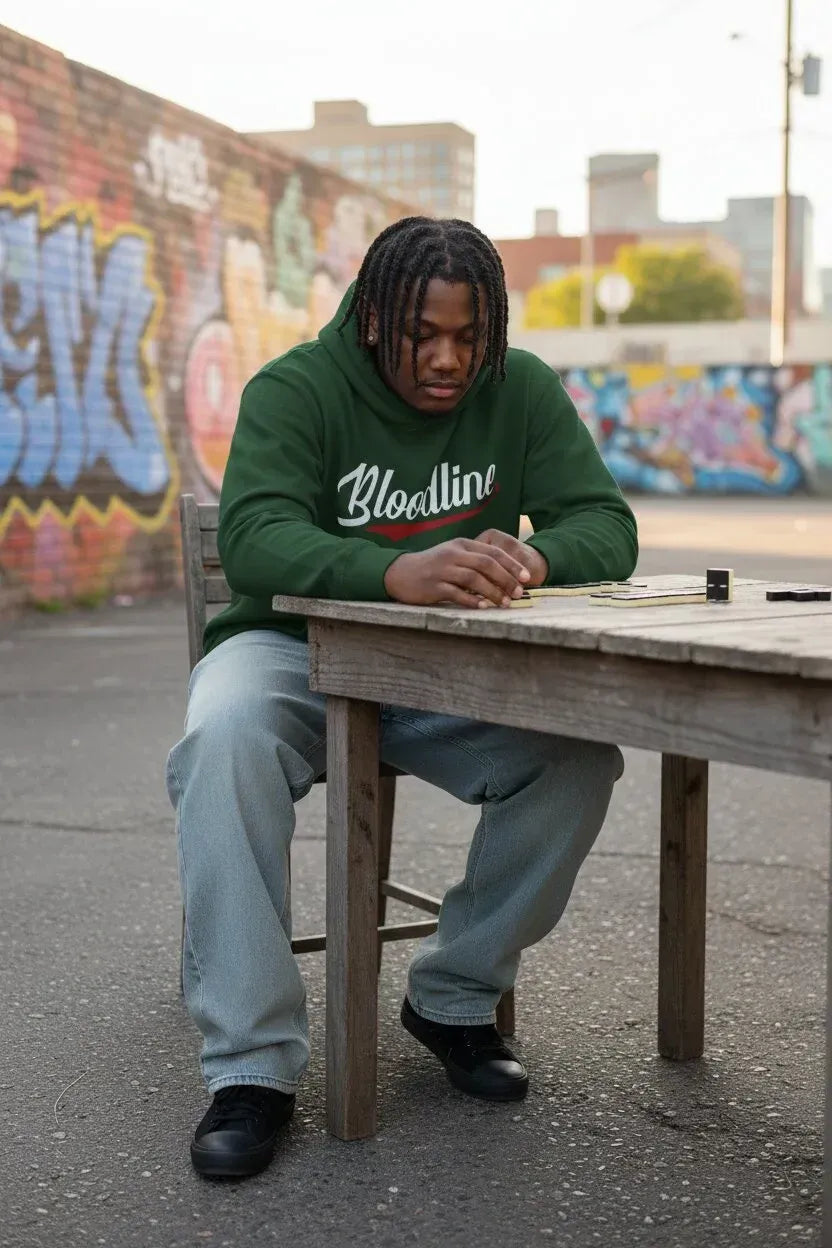A man wearing a green hoodie with 'Blocelline' written on the front, sitting at a wooden table outdoors against a graffiti-covered wall.