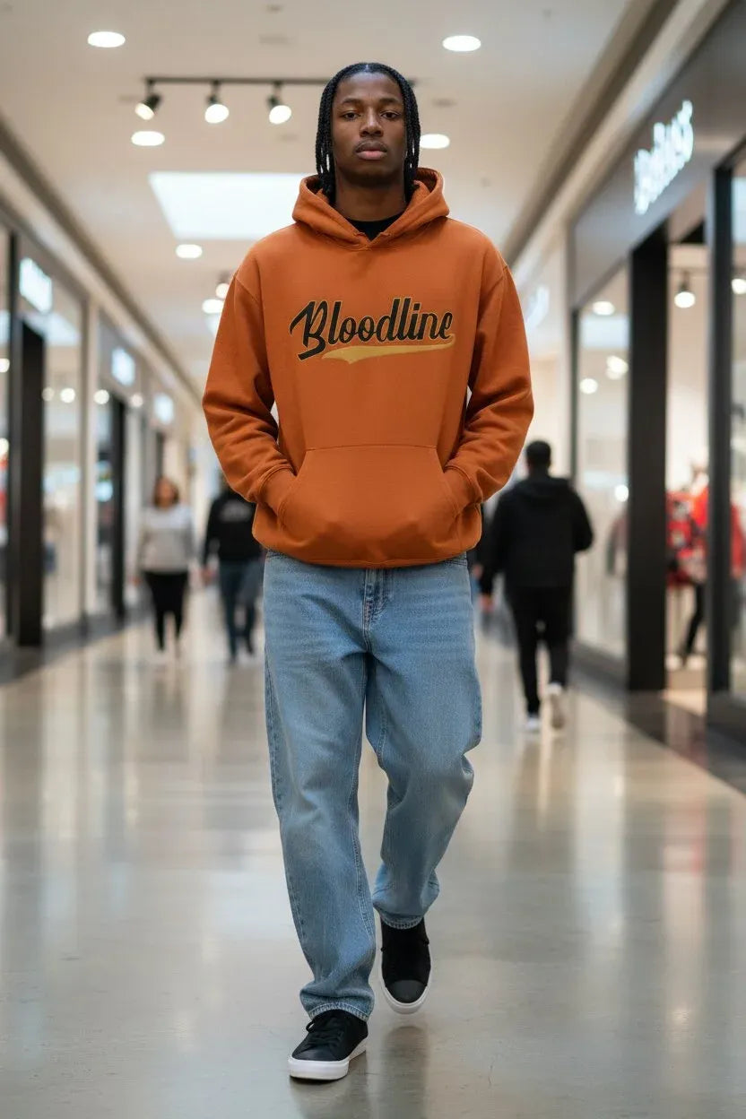 A man walking down a mall corridor wearing an orange hoodie with 'Bloodline' printed across the chest in black and gold, paired with light blue jeans and black sneakers.