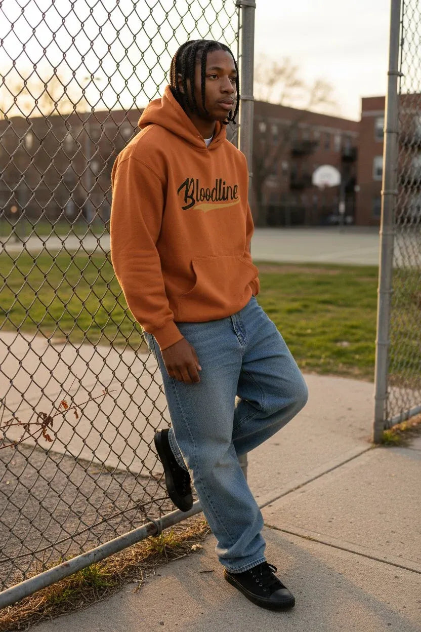 A man wearing a burnt orange hoodie with 'Blessline' printed in black script across the chest, paired with light blue jeans and black sneakers, leaning against a chain-link fence in an outdoor park setting.