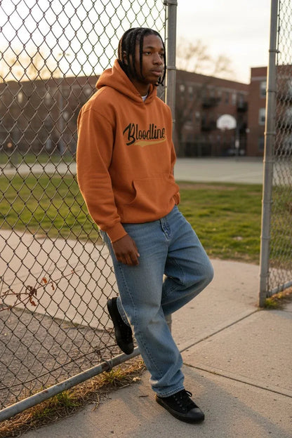 A man wearing a burnt orange hoodie with 'Blessline' printed in black script across the chest, paired with light blue jeans and black sneakers, leaning against a chain-link fence in an outdoor park setting.
