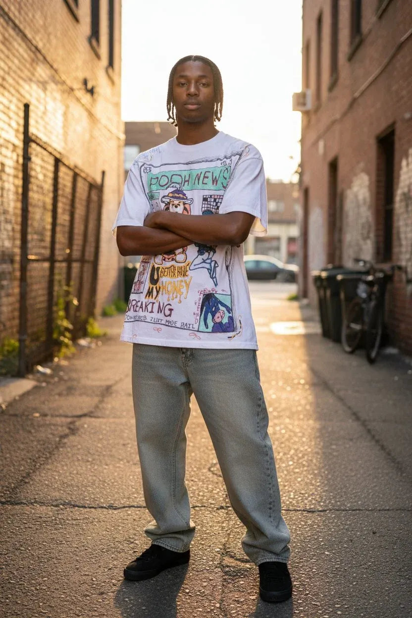 A man stands in an urban alleyway wearing a white graphic t-shirt with colorful text and illustrations, paired with light gray baggy jeans and black shoes.