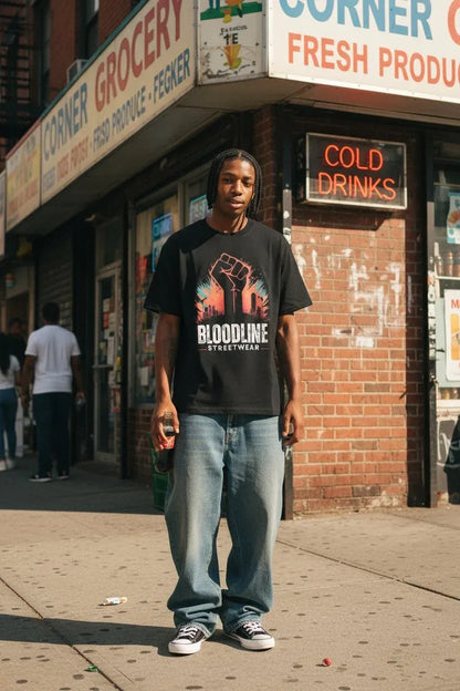 A man stands on a city sidewalk wearing a black graphic T-shirt with the words 'BLOODLINE STREETWEAR' and a raised-fist print, paired with loose blue jeans and black-and-white sneakers. Storefront signs are visible in the background, including one that reads 'CORNER GROCERY' and another neon sign reading 'COLD DRINKS'.