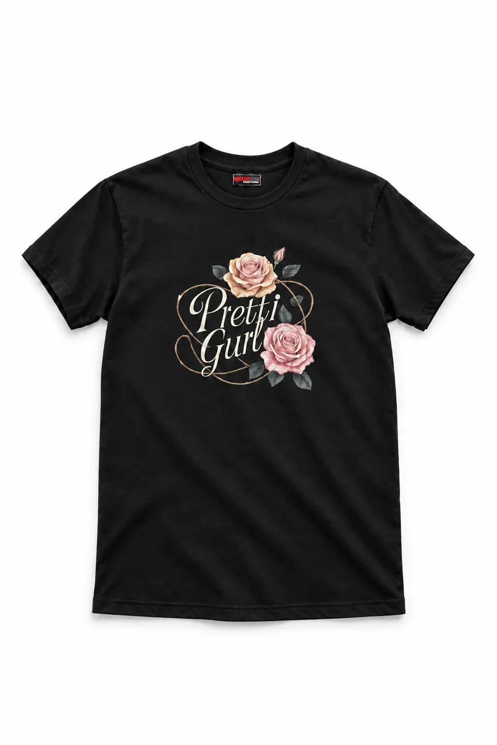 A black short-sleeve crewneck t-shirt featuring a graphic on the chest with two pink roses and the text 'Pretty Girls' in white script with gold outlines.