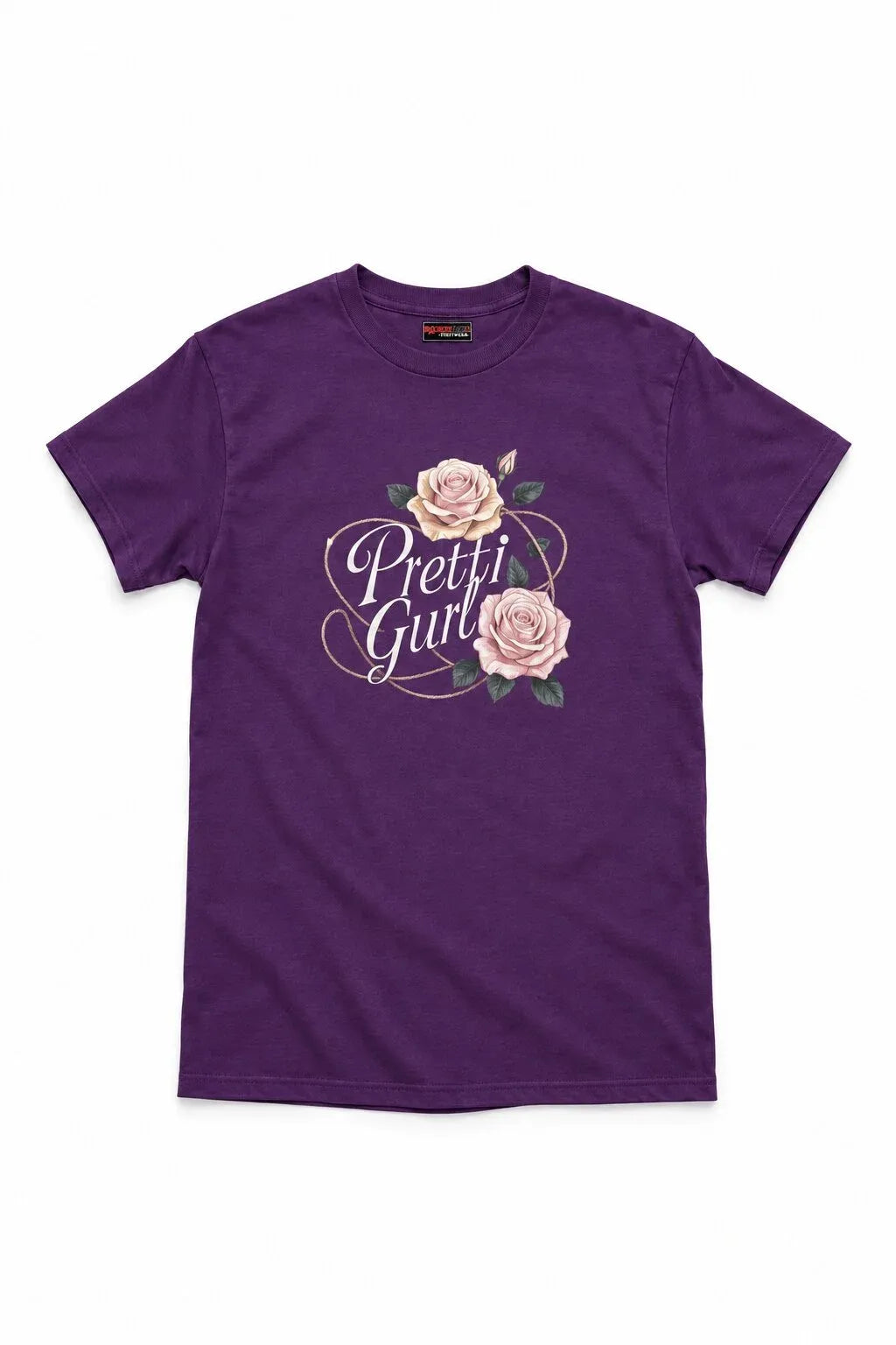 A purple short-sleeve crewneck t-shirt featuring a graphic on the front with two pink roses and the text 'Pretti Girls' in white script.