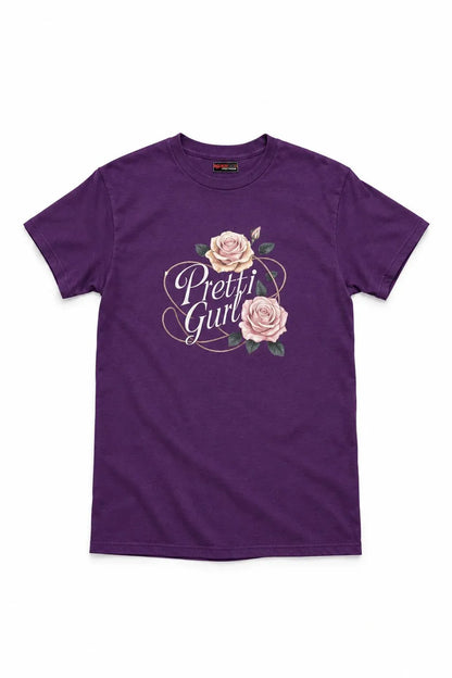 A purple short-sleeve crewneck t-shirt featuring a graphic on the front with two pink roses and the text 'Pretti Girls' in white script.