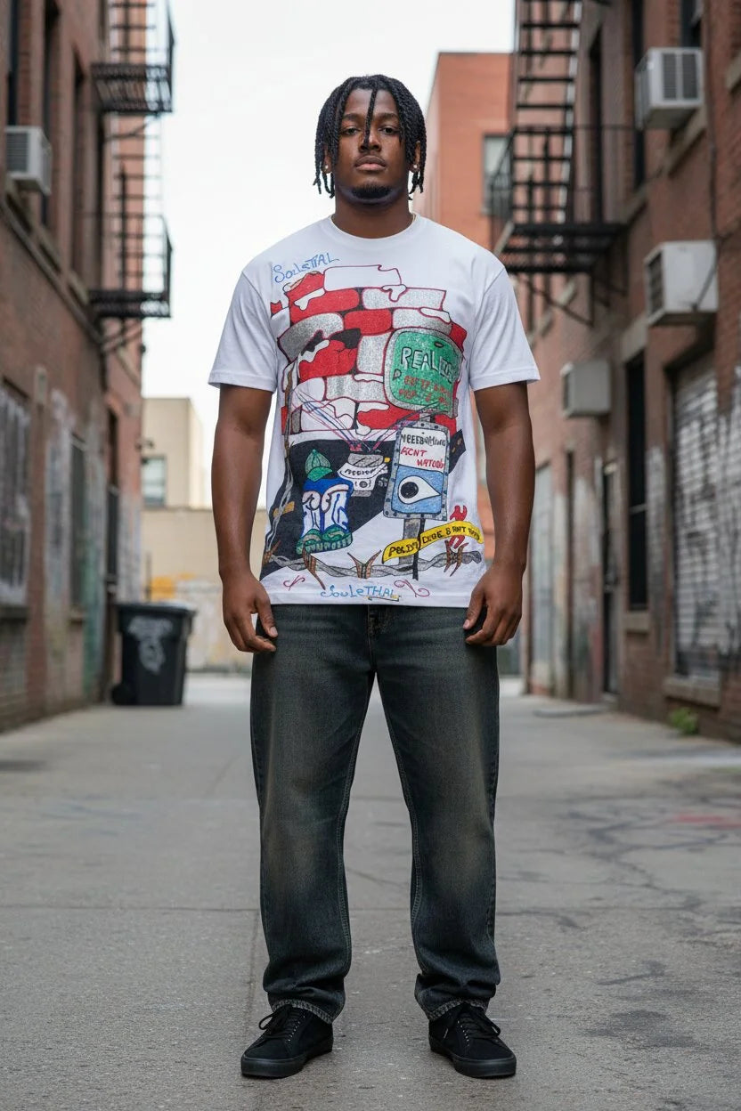 A man standing in an urban alleyway wearing a white graphic t-shirt with a colorful graffiti-style print, paired with dark gray jeans and black sneakers.