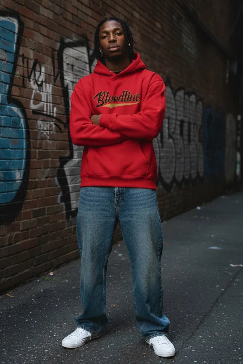 A man wearing a bright red hoodie with 'Bloodyline' written in black script across the chest, paired with blue jeans and white sneakers, standing in front of a graffiti-covered brick wall.