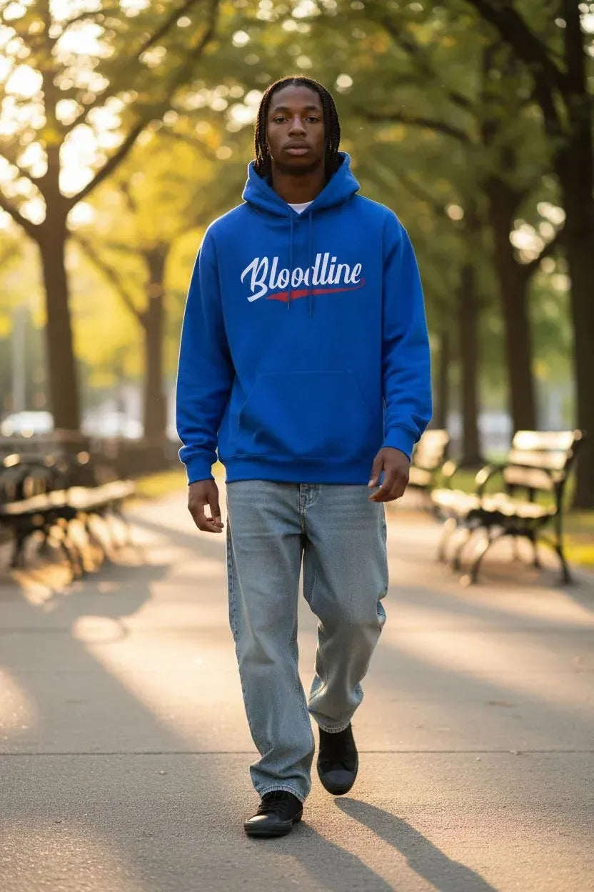 A man walking down a sunlit park path wearing a bright blue hoodie with 'Bloodline' printed across the chest in white script and a small red accent, paired with light gray jeans and black shoes.