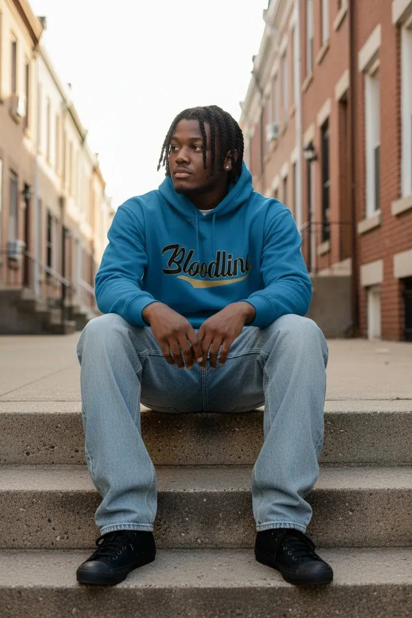 A man sitting on concrete steps in an urban street setting, wearing a bright blue hoodie with 'Bloodline' printed across the chest in black script, paired with light blue jeans and black sneakers.