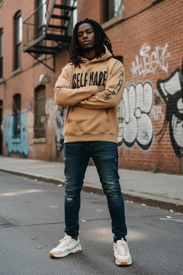 A man wearing a tan hoodie with 'SELF HATE' printed in black across the chest, paired with dark blue jeans and white sneakers, standing on a city street with a brick wall and graffiti in the background.