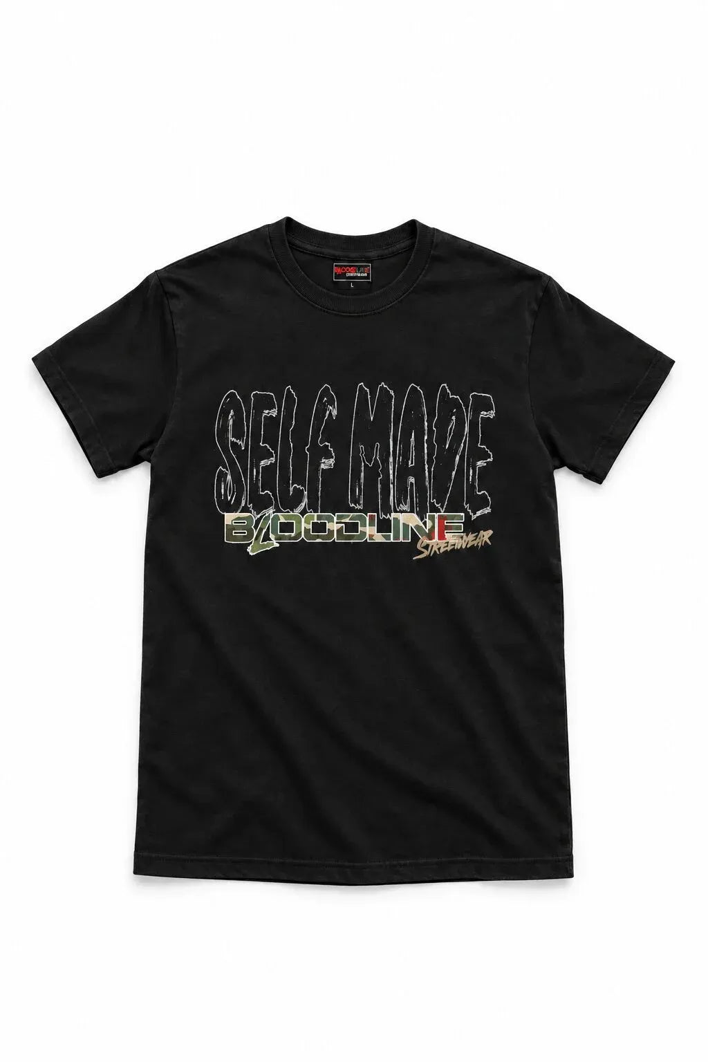 A black short-sleeve crewneck t-shirt featuring a graphic print on the front with the text 'SELF-MAZE' in a stylized outline font, and 'CYCLING' in a camouflage pattern with a small red and yellow logo underneath, displayed against a plain white background.