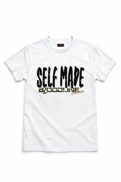 A white short-sleeve crewneck t-shirt featuring a graphic print on the front that reads 'SELF MADE' in distressed black letters, with 'BY:BOODLINE' in green and red below it.