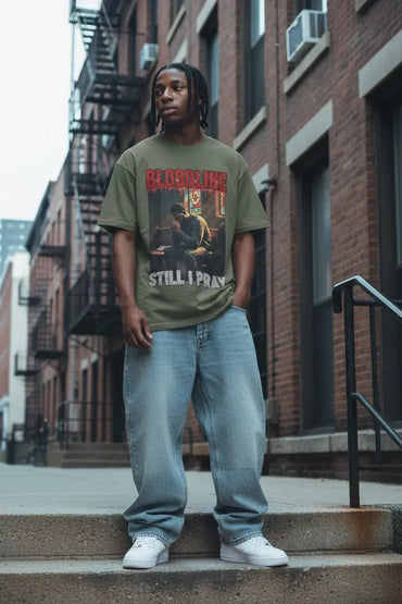 A man stands on concrete steps in front of a brick apartment building, wearing an olive green graphic t-shirt with 'BLOODLINE' and 'STILL I PRAY' text, light blue baggy jeans, and white sneakers.