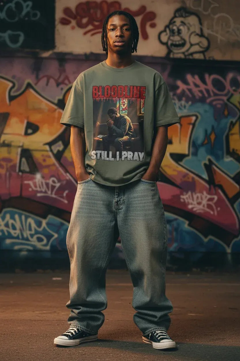 A person standing in front of a graffiti-covered wall wearing an oversized olive green graphic T-shirt with 'BLOODLINE' and 'STILL I PRAY' text, light blue jeans, and black-and-white sneakers.