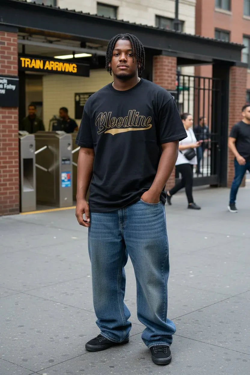 A man standing on a city sidewalk in front of a train station entrance, wearing a black crewneck t-shirt with 'Bloodline' printed in gold script across the chest, paired with loose blue jeans and black shoes.