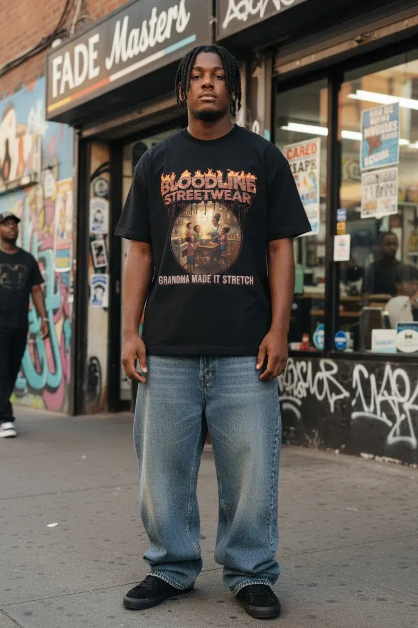 A man stands on a city sidewalk wearing a black graphic T-shirt with 'Bloodline Streetwear' and 'Grandma Made It Stretch' printed on the front, paired with loose light-wash blue jeans and black shoes. Storefronts with graffiti and signage are visible in the background.