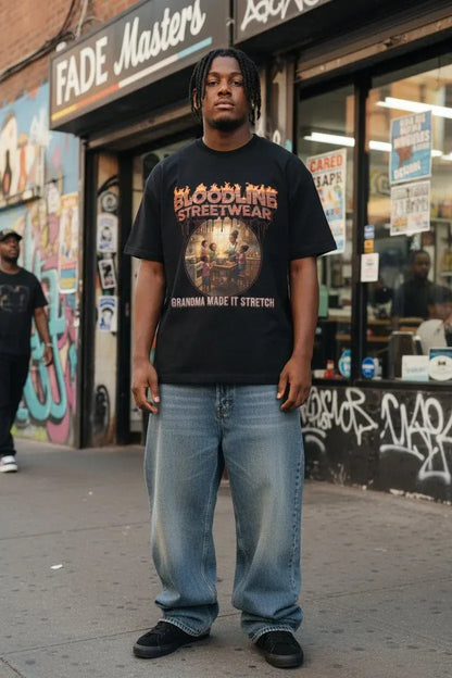 A man stands on a city sidewalk wearing a black graphic T-shirt with 'Bloodline Streetwear' and 'Grandma Made It Stretch' printed on the front, paired with loose light-wash blue jeans and black shoes. Storefronts with graffiti and signage are visible in the background.