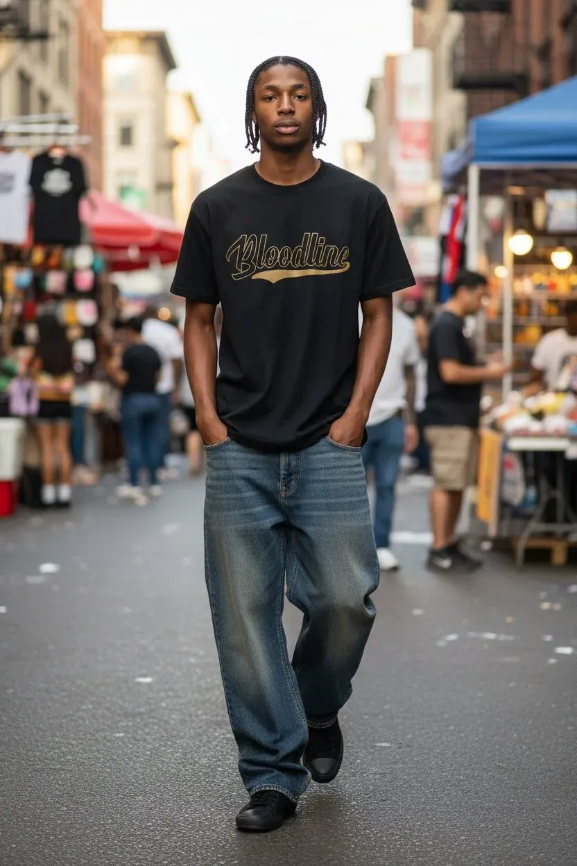 A man walking down a city street wearing a black crewneck t-shirt with 'Bloodline' printed in gold across the chest, paired with loose-fit blue jeans and black shoes.