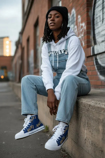 A woman sits on a concrete ledge in an urban alley, wearing a white hoodie under light blue denim overalls, paired with white sneakers featuring blue and yellow graphic details.