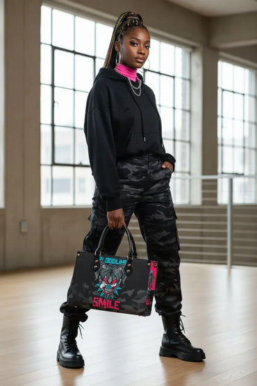 A model stands in a studio with large windows, wearing a black hoodie, black camouflage pants, and black combat boots while holding a black tote bag with a colorful graphic that reads 'GODLIFE SMILE'.