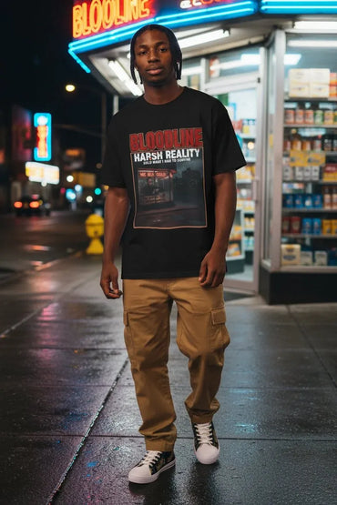 A man stands on a wet city sidewalk at night wearing a black graphic t-shirt with 'BLOODLINE HARSH REALITY' text and a brown cargo-style pants, with white sneakers. A brightly lit convenience store is in the background.
